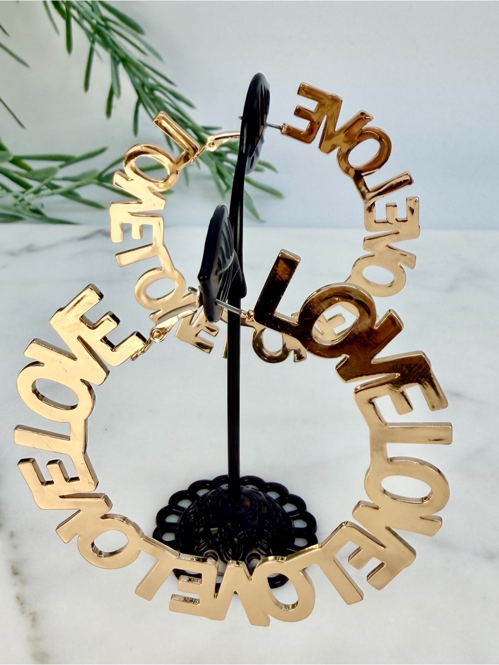 LOVE Text Statement Hoop Earring NEW Gold Tone Club Unique Romantic Lever Back